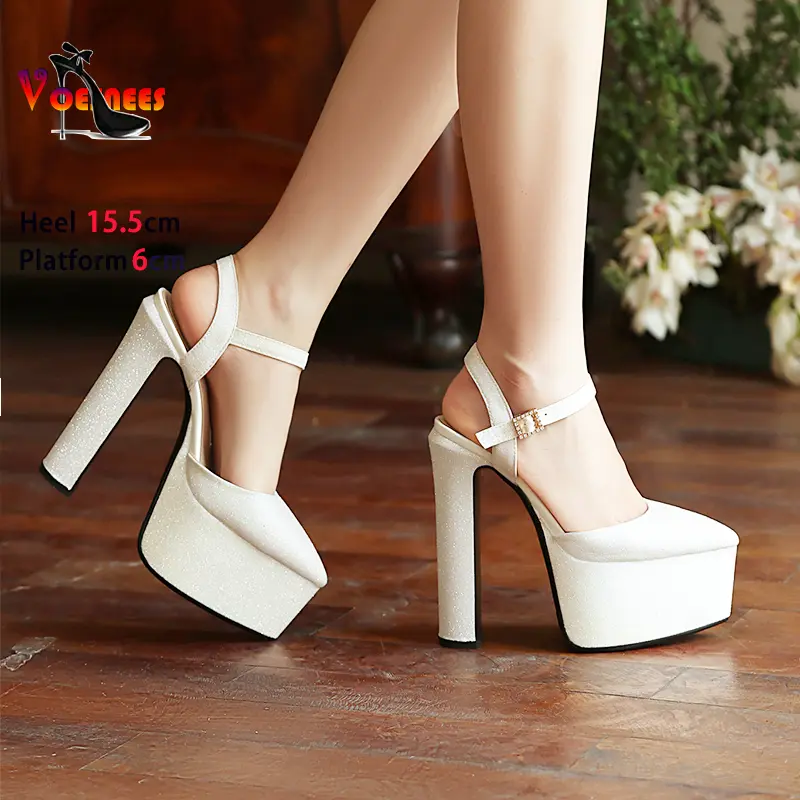 Women 2024 Summer Thick Platform High Heels Plus Size Bling Bling Club Pointed Toe Ladies Shoes Ankle Buckle Strap Party Sandals