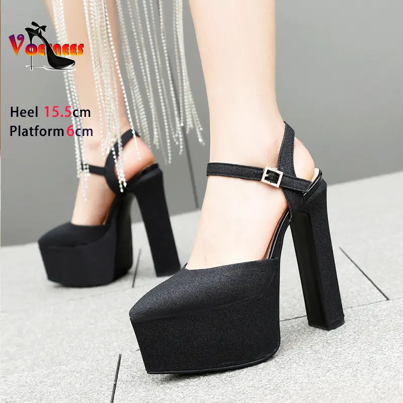 Women 2024 Summer Thick Platform High Heels Plus Size Bling Bling Club Pointed Toe Ladies Shoes Ankle Buckle Strap Party Sandals
