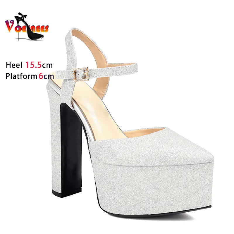 Women 2024 Summer Thick Platform High Heels Plus Size Bling Bling Club Pointed Toe Ladies Shoes Ankle Buckle Strap Party Sandals