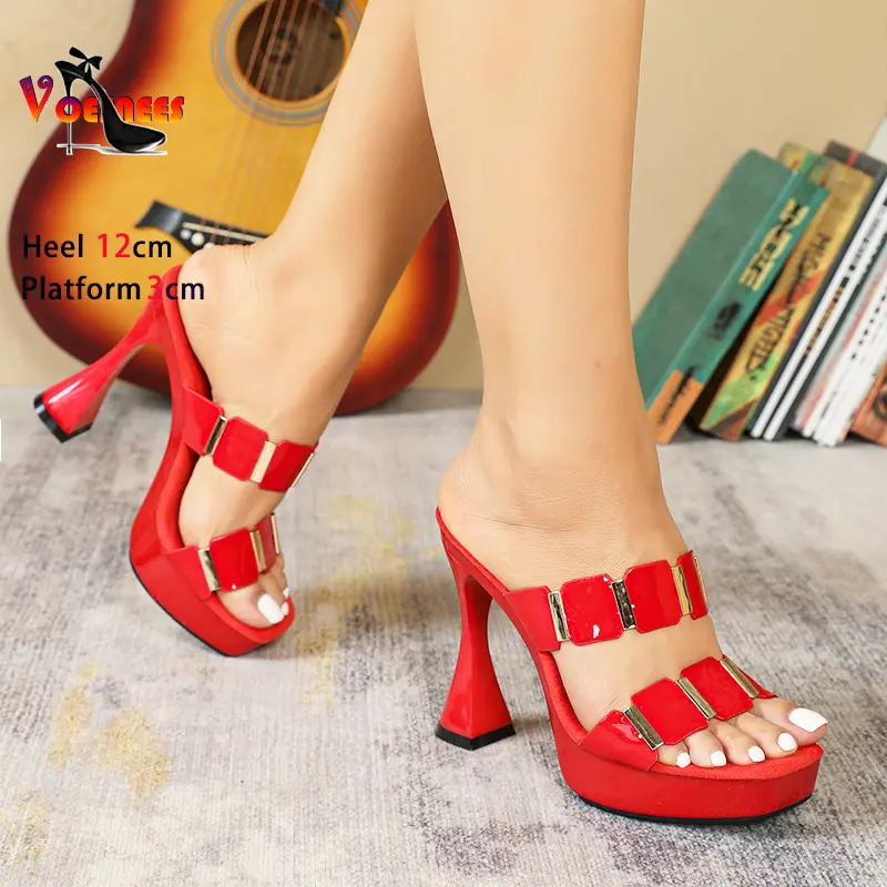 Summer Slippers Woman 2024 Designer New Red Party Shoes Square  Toe Platform Sandals Plus Size Slip-on Women High Heels Slides