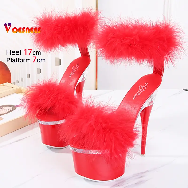17CM High Heels Women Furry Fur Sandals Designer 2025 New Summer Model Catwalk Show Shoes Thick Platform Sandals Plus Size 34-43