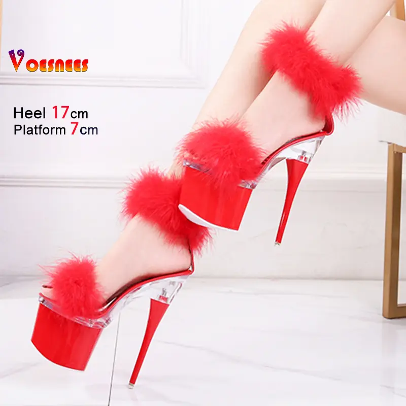17CM High Heels Women Furry Fur Sandals Designer 2025 New Summer Model Catwalk Show Shoes Thick Platform Sandals Plus Size 34-43