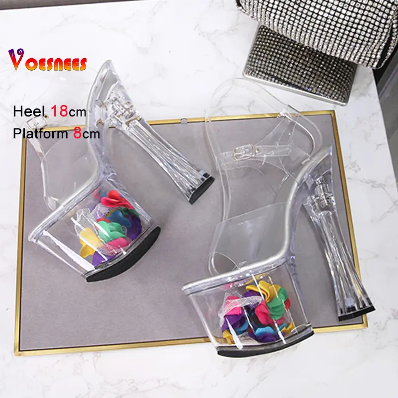 Summer Sexy Femme Sandals High Heels 18cm Platform Pole Dance Square Heel Shoes Crystal Sandales for Women Transparent Heels