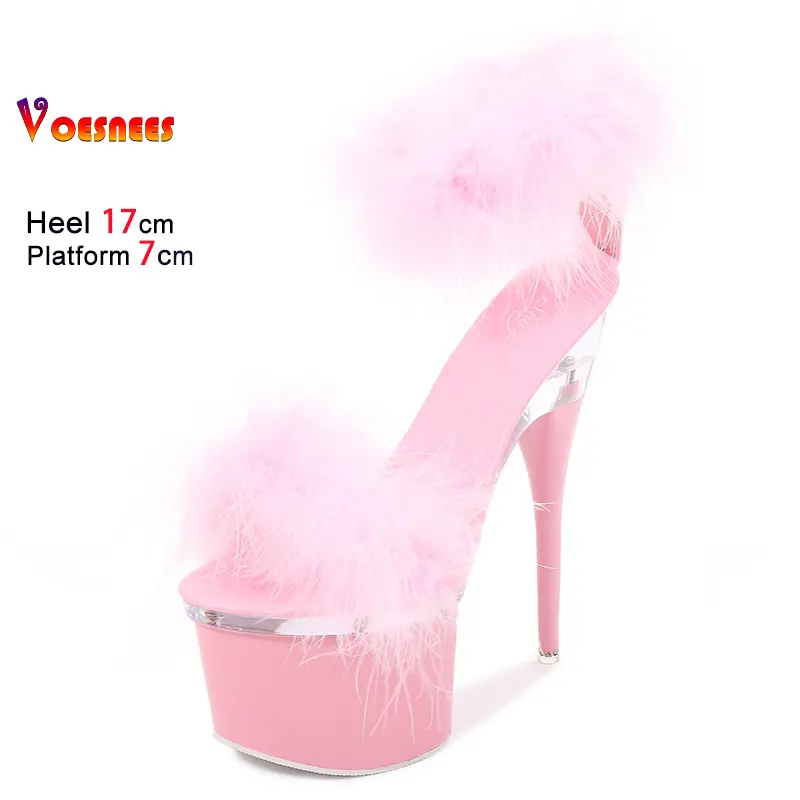 17CM High Heels Women Furry Fur Sandals Designer 2025 New Summer Model Catwalk Show Shoes Thick Platform Sandals Plus Size 34-43