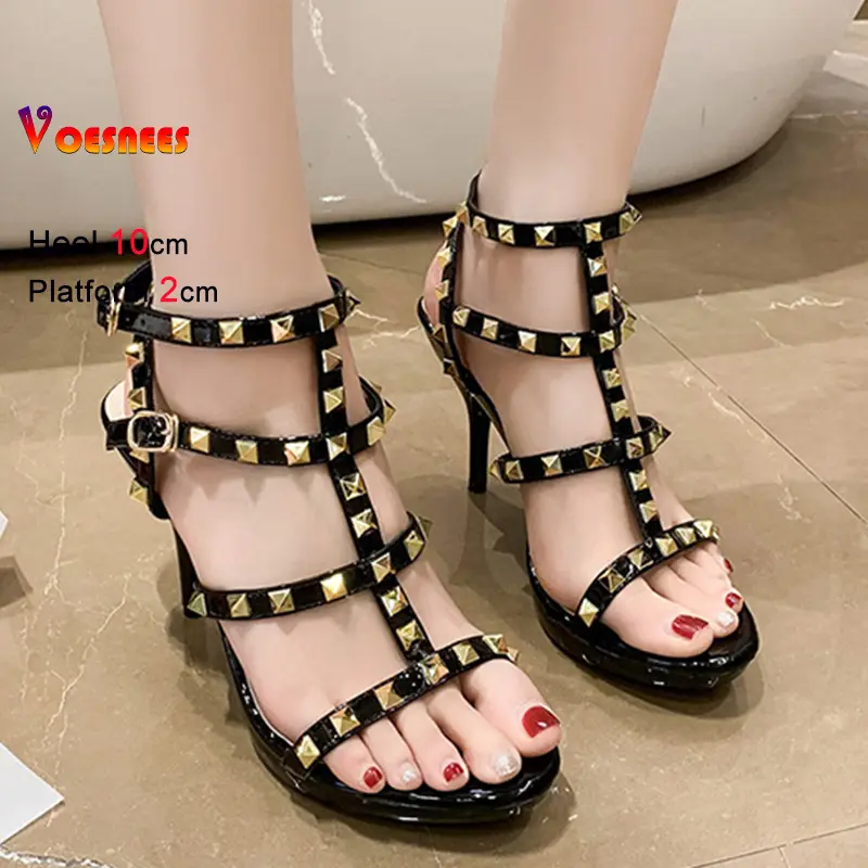 Summer Fashion Rivets Women's High Heels Sandals 10cm Thin Strap Gladiator Pumps Sexy Party Shoes in Naked Color plus Size 43