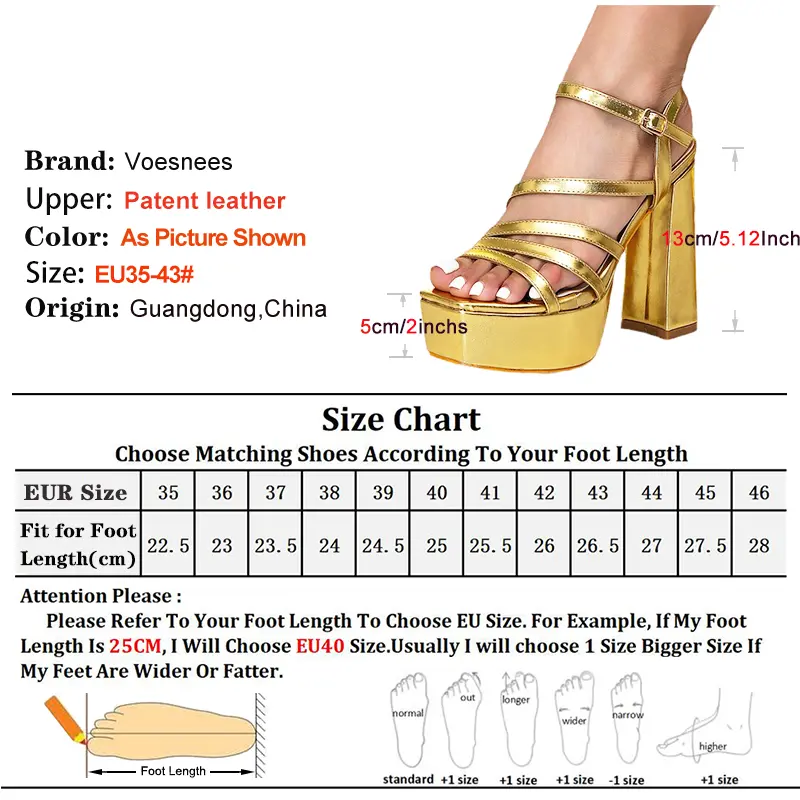 Luxurious Gold Women's Platform Sandals High Chunky Heels 13CM Party Club Fashion Narrow band Summer Shoes For Woman Square Toe