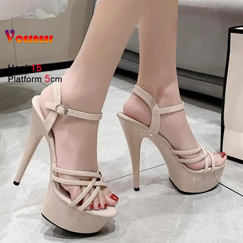New Cross Thin Band Women Sandals Nightclub Ultra Fashion 15cm Super High Heels Leather Platform Ankle Strap Sandals Bride Shoes