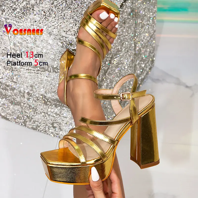 Luxurious Gold Women's Platform Sandals High Chunky Heels 13CM Party Club Fashion Narrow band Summer Shoes For Woman Square Toe