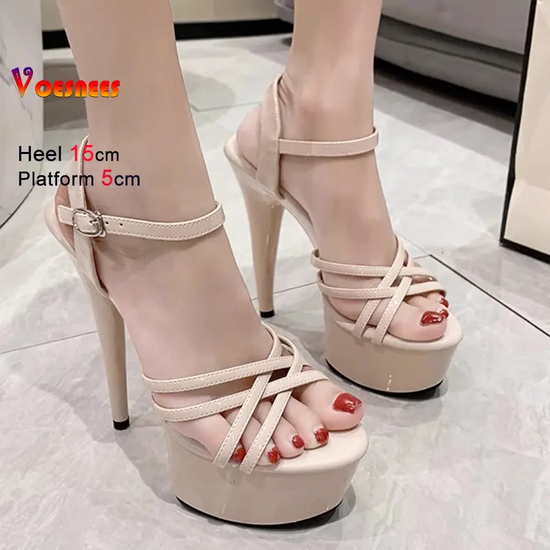 New Cross Thin Band Women Sandals Nightclub Ultra Fashion 15cm Super High Heels Leather Platform Ankle Strap Sandals Bride Shoes