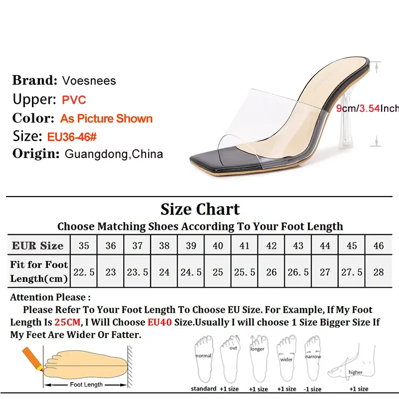 Summer Slippers Women 9CM Thin Heels Sexy Transparent Shoes 2025 New Square Toe Slip-on Female High Heels Sandals Plus Size 46