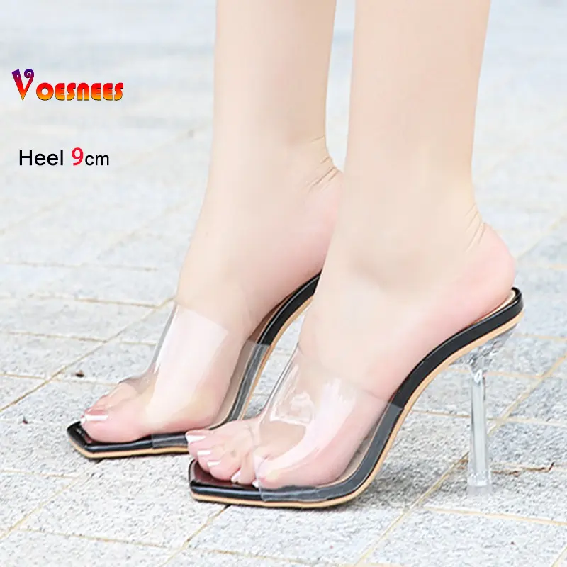 Summer Slippers Women 9CM Thin Heels Sexy Transparent Shoes 2025 New Square Toe Slip-on Female High Heels Sandals Plus Size 46