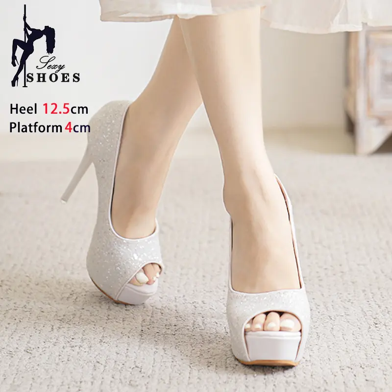 2024 Spring New Sexy Peep Toe Single Shoes Bling Sequin Cloth Party Dress High Heels 12.5CM Stiletto Thick Bottom Women Pumps