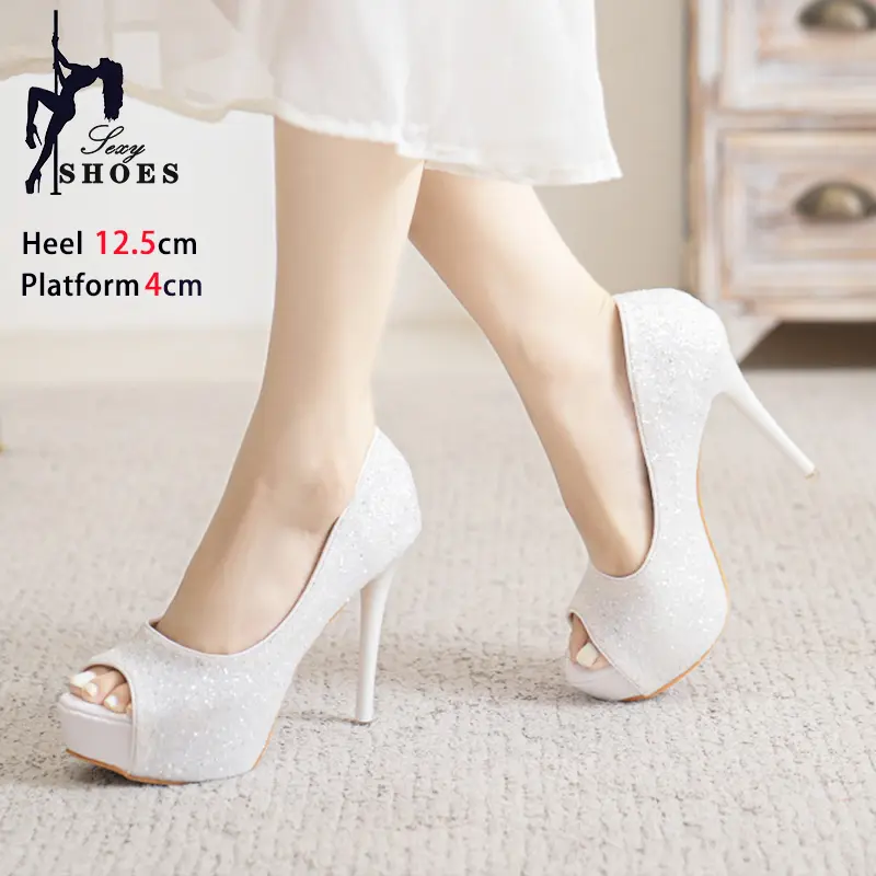 2024 Spring New Sexy Peep Toe Single Shoes Bling Sequin Cloth Party Dress High Heels 12.5CM Stiletto Thick Bottom Women Pumps