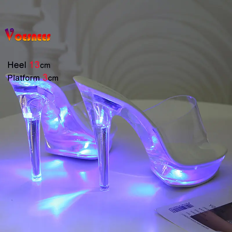 Summer Led Illuminated Women Slippers Super High Heel 13cm Crystal Ankle Buckle Sandals Transparent Platform Female Party Shoes
