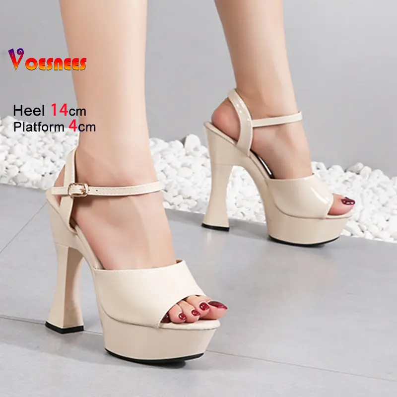 14CM High Heel Summer Model Shoes Women Sandals Simple Buckle Strap Club Party Plus Size 41 42 43 Platform Sandals For Ladies