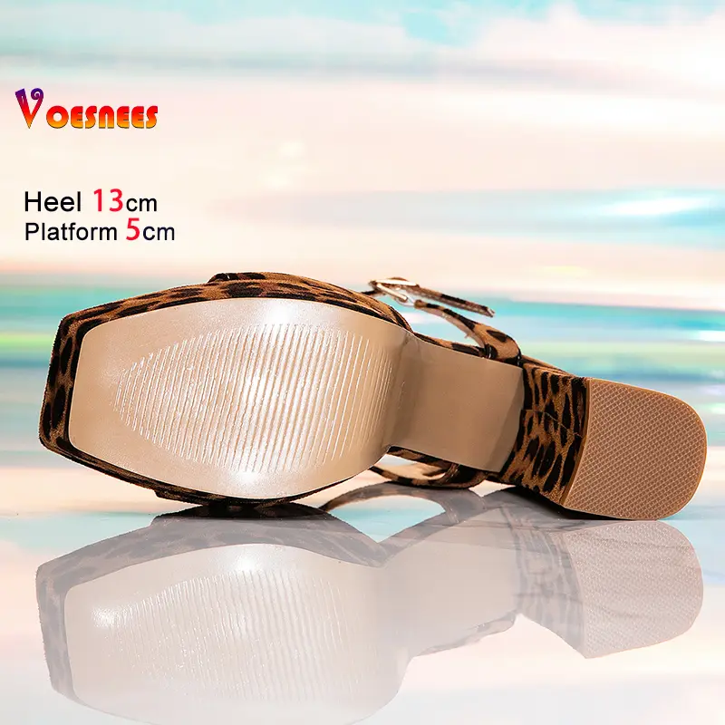 Brand Women Square Toe Sandals Designer Leopard Print High Heels Summer New 13CM Thick Platform Fashion Model Catwalk Show Shoes