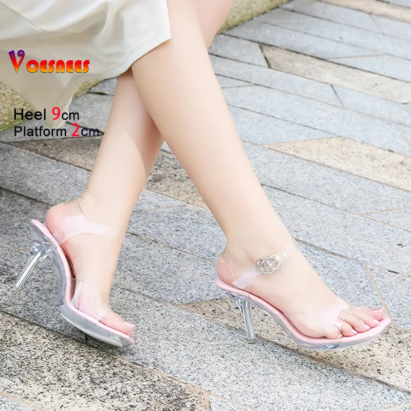 Square Toe Summer Shoes For Women 9CM Stiletto Everyday Walking Sandals Transparent PVC Crystal Platform High Heels Plus Size 45