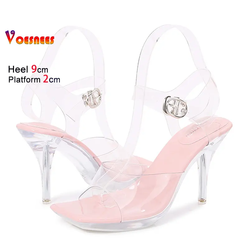 Square Toe Summer Shoes For Women 9CM Stiletto Everyday Walking Sandals Transparent PVC Crystal Platform High Heels Plus Size 45