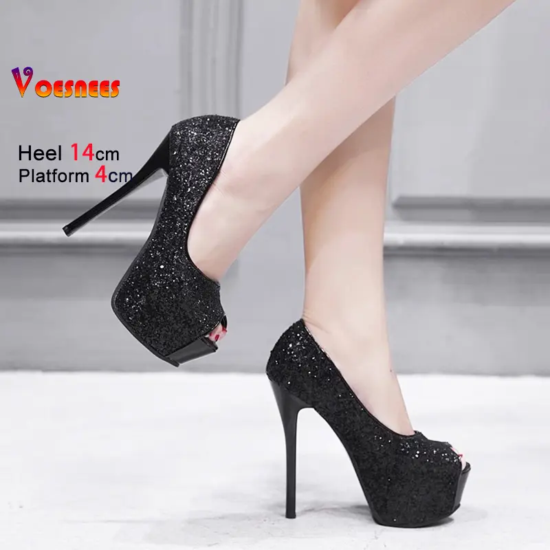 Glitter Sequin Women's Pumps 10 12 14CM Sexy Peep toe Wedding Party High Heels 2025 New Spring Thick Platform Black Single Shoes