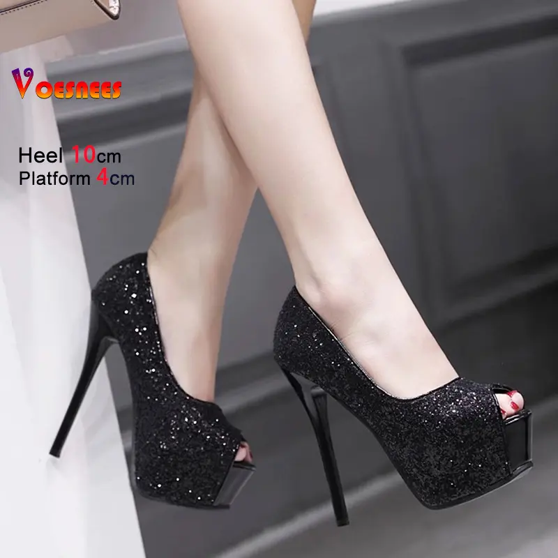 Glitter Sequin Women's Pumps 10 12 14CM Sexy Peep toe Wedding Party High Heels 2025 New Spring Thick Platform Black Single Shoes