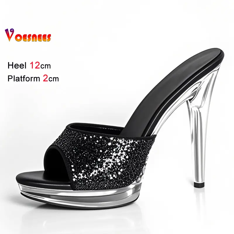 New 2025 Sequined Cloth Slipper Sandals 12cm 13CM Crystal Thin Heel Transparent Platform Women's Shoes Sexy Model Training Heels