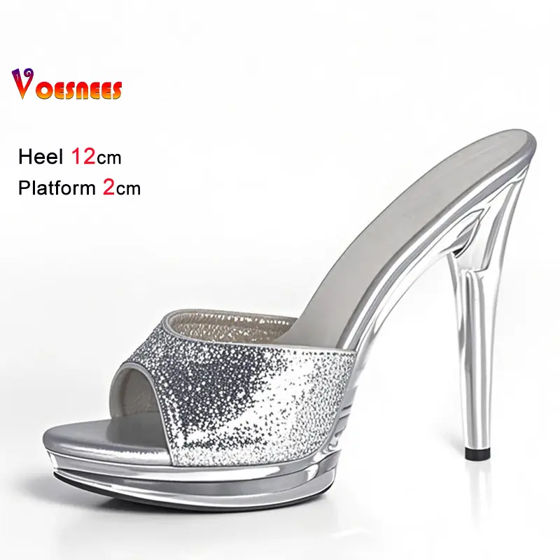 New 2025 Sequined Cloth Slipper Sandals 12cm 13CM Crystal Thin Heel Transparent Platform Women's Shoes Sexy Model Training Heels