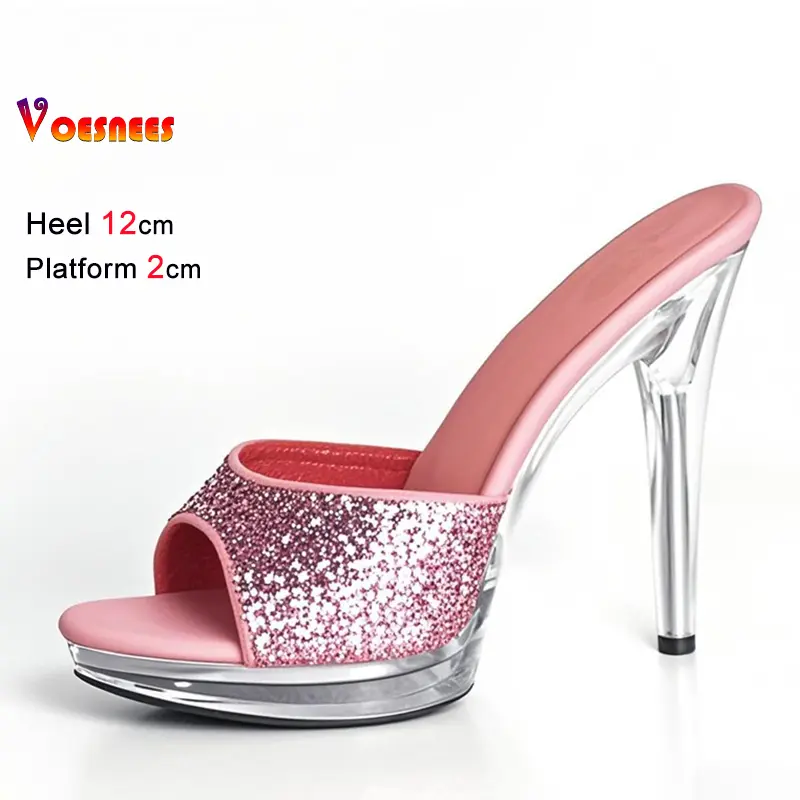 New 2025 Sequined Cloth Slipper Sandals 12cm 13CM Crystal Thin Heel Transparent Platform Women's Shoes Sexy Model Training Heels