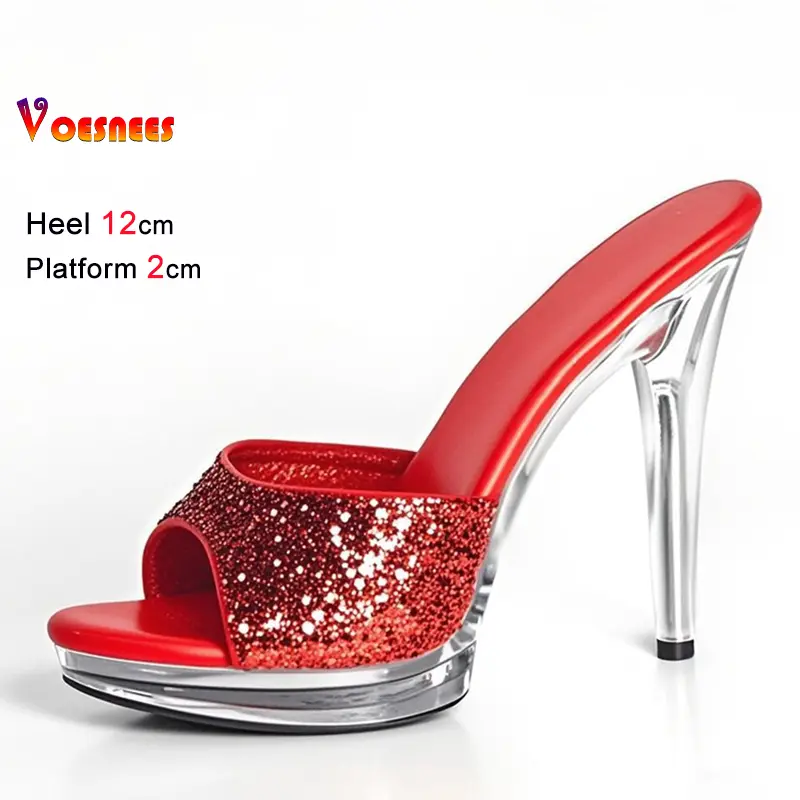 New 2025 Sequined Cloth Slipper Sandals 12cm 13CM Crystal Thin Heel Transparent Platform Women's Shoes Sexy Model Training Heels
