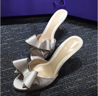 2019 New Sweet Mule Women Slippe Silk Butterfly Knot Mules Slip-on Kitten Heels Slippers Satin Dress Causal Outdoor Shoes femme