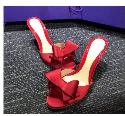 2019 New Sweet Mule Women Slippe Silk Butterfly Knot Mules Slip-on Kitten Heels Slippers Satin Dress Causal Outdoor Shoes femme