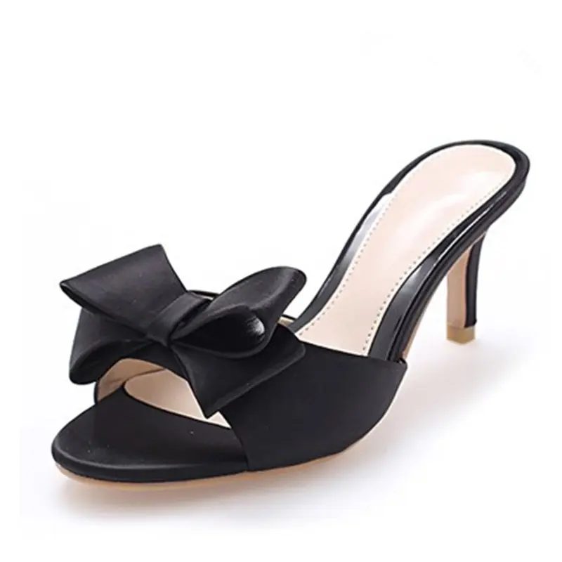 2019 New Sweet Mule Women Slippe Silk Butterfly Knot Mules Slip-on Kitten Heels Slippers Satin Dress Causal Outdoor Shoes femme