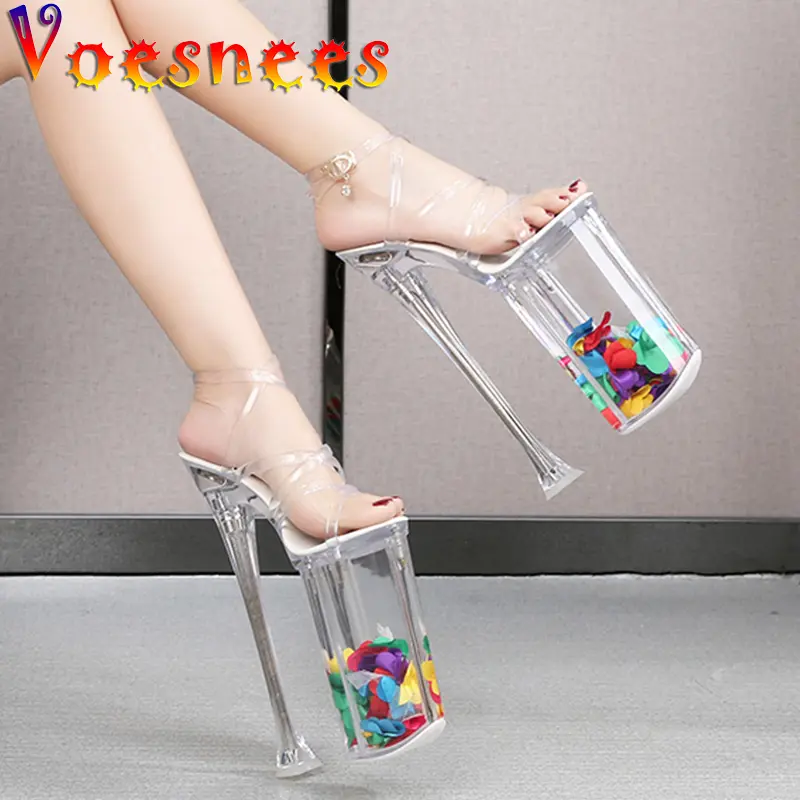 Voesnees 2021 New Glowing Crystal Sandals Women Summer Shoes Transparent Platform High Heels 26cm Thin Heels Model Catwalk Shoes