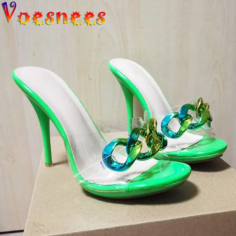 2022 New Diamond Chain Women Pumps Slippers Thin High Heels Party Shoes Fashion Solid Color Summer Dress Sandals Shallow Mouth