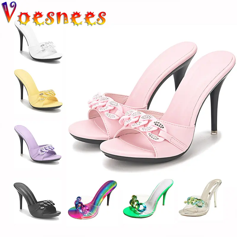 2022 New Diamond Chain Women Pumps Slippers Thin High Heels Party Shoes Fashion Solid Color Summer Dress Sandals Shallow Mouth