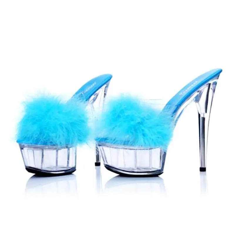 Shoes Woman 2021 Summer New Platform Sandals Transparent Crystal Supper High Heels 15cm Waterproof Fur Sandals Big Size Slippers