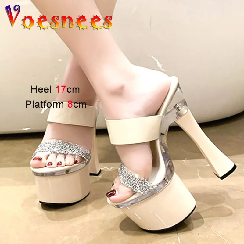 Waterproof Platform Rhinestone Slippers 2023 Summer New Transparent Band Thick Heel Sandals Ultra High Heels Fashion Model Shoes