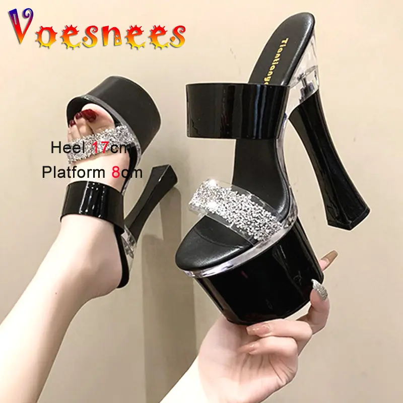 Waterproof Platform Rhinestone Slippers 2023 Summer New Transparent Band Thick Heel Sandals Ultra High Heels Fashion Model Shoes
