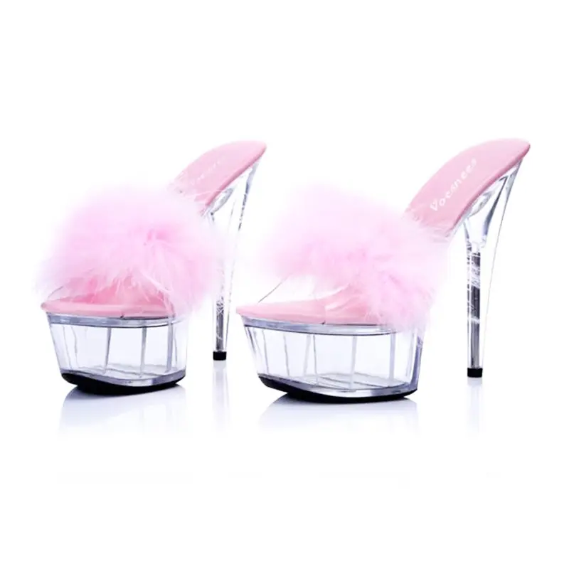 Shoes Woman 2021 Summer New Platform Sandals Transparent Crystal Supper High Heels 15cm Waterproof Fur Sandals Big Size Slippers