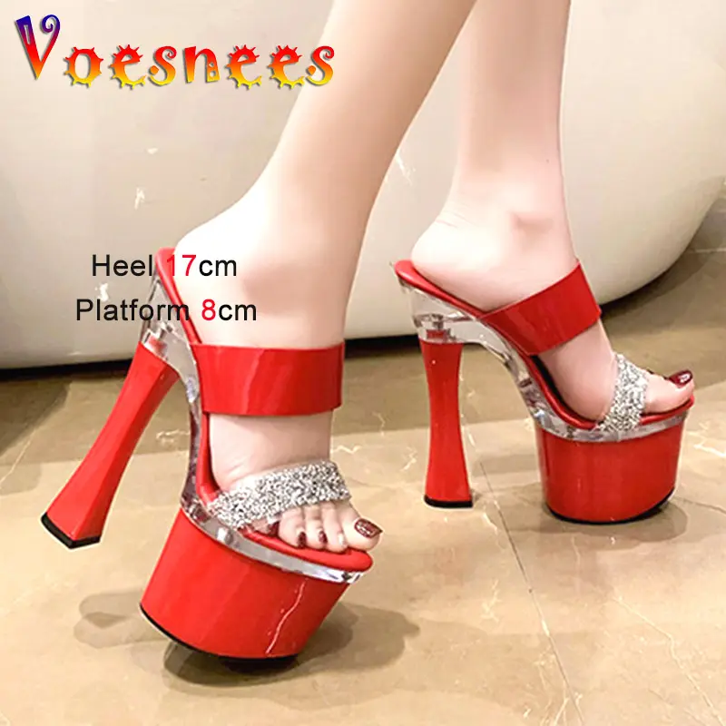 Waterproof Platform Rhinestone Slippers 2023 Summer New Transparent Band Thick Heel Sandals Ultra High Heels Fashion Model Shoes