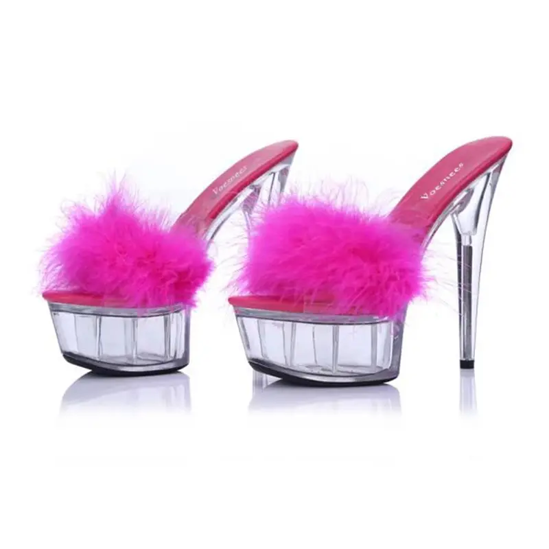 Shoes Woman 2021 Summer New Platform Sandals Transparent Crystal Supper High Heels 15cm Waterproof Fur Sandals Big Size Slippers