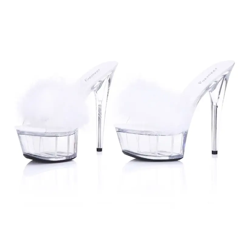 Shoes Woman 2021 Summer New Platform Sandals Transparent Crystal Supper High Heels 15cm Waterproof Fur Sandals Big Size Slippers