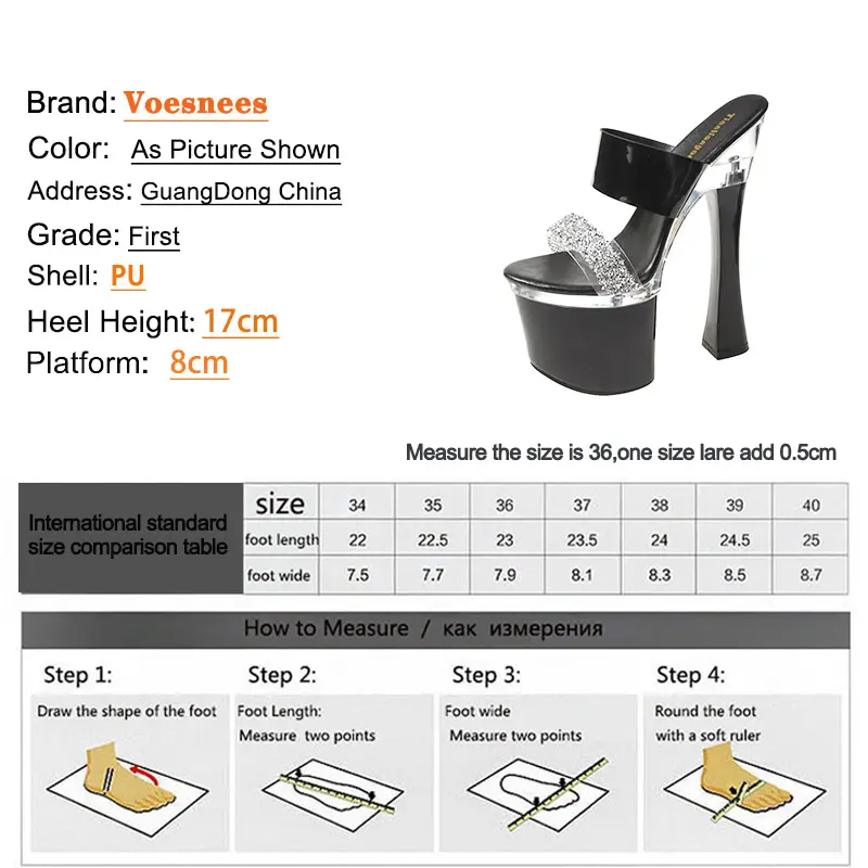 Waterproof Platform Rhinestone Slippers 2023 Summer New Transparent Band Thick Heel Sandals Ultra High Heels Fashion Model Shoes