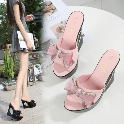 Best Seller Summer Slippers Women Butterfly-knot Platform Wedge Thick Sole High Heels 13CM Outdoor Mules Slides Sweet Beach Shoe