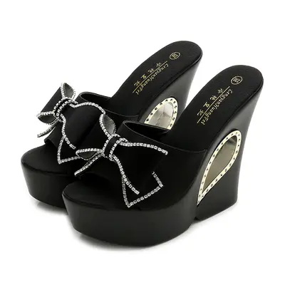 Best Seller Summer Slippers Women Butterfly-knot Platform Wedge Thick Sole High Heels 13CM Outdoor Mules Slides Sweet Beach Shoe
