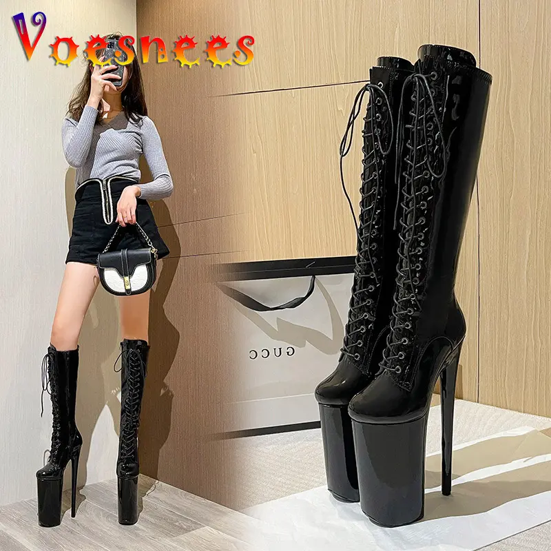 26CM Platform Long Tube Knee-High Leather Women Boots Super High Heels Solid Color Model Stage Show Zipper Lace-up Women Shoes