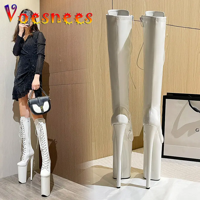 26CM Platform Long Tube Knee-High Leather Women Boots Super High Heels Solid Color Model Stage Show Zipper Lace-up Women Shoes
