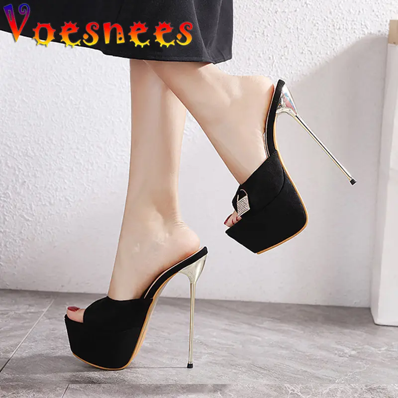 Voesnees Women's Shoes Fashion Flock Platform Slippers Lock Head Decoration 2021 Summer New Thin Heels 17cm Black Ladies Slides