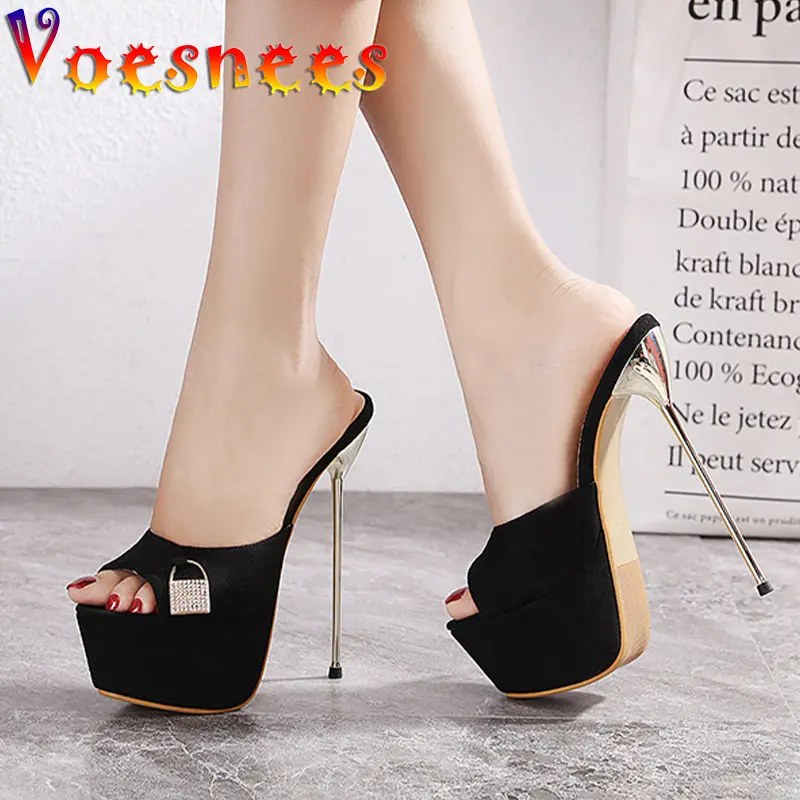 Voesnees Women's Shoes Fashion Flock Platform Slippers Lock Head Decoration 2021 Summer New Thin Heels 17cm Black Ladies Slides