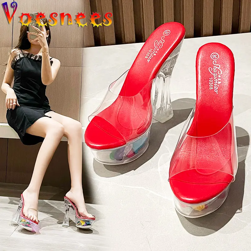 New Sexy PVC Clear Platform Jelly Slippers Women High Heels Outdoors 14CM Sandals Summer Transparent Perspex Party Woman Shoe