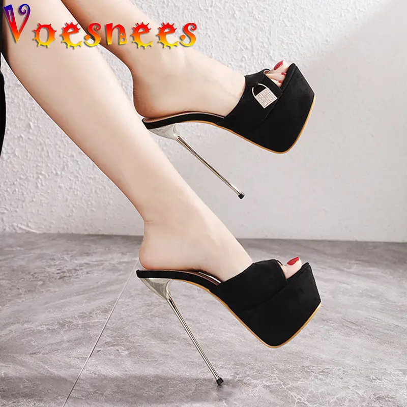 Voesnees Women's Shoes Fashion Flock Platform Slippers Lock Head Decoration 2021 Summer New Thin Heels 17cm Black Ladies Slides